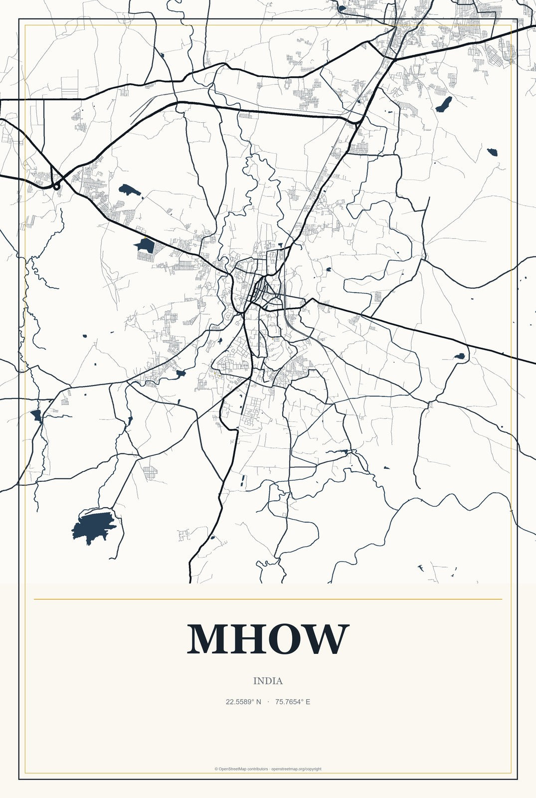 Mhow, India City Map Aluminum Sign in Citrine Modern style