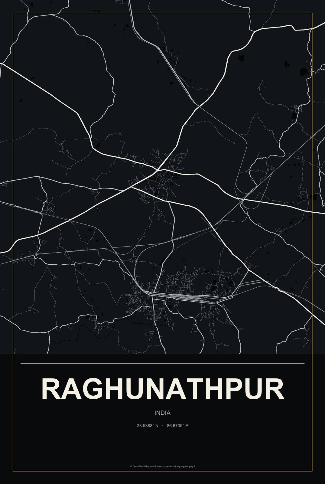 Raghunathpur, India City Map Aluminum Sign in Metropolitan Noir style