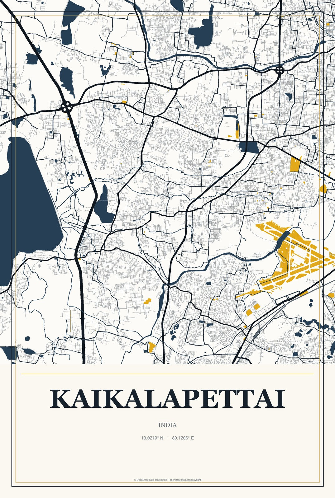 Kaikalapettai, India City Map Aluminum Sign in Citrine Modern style