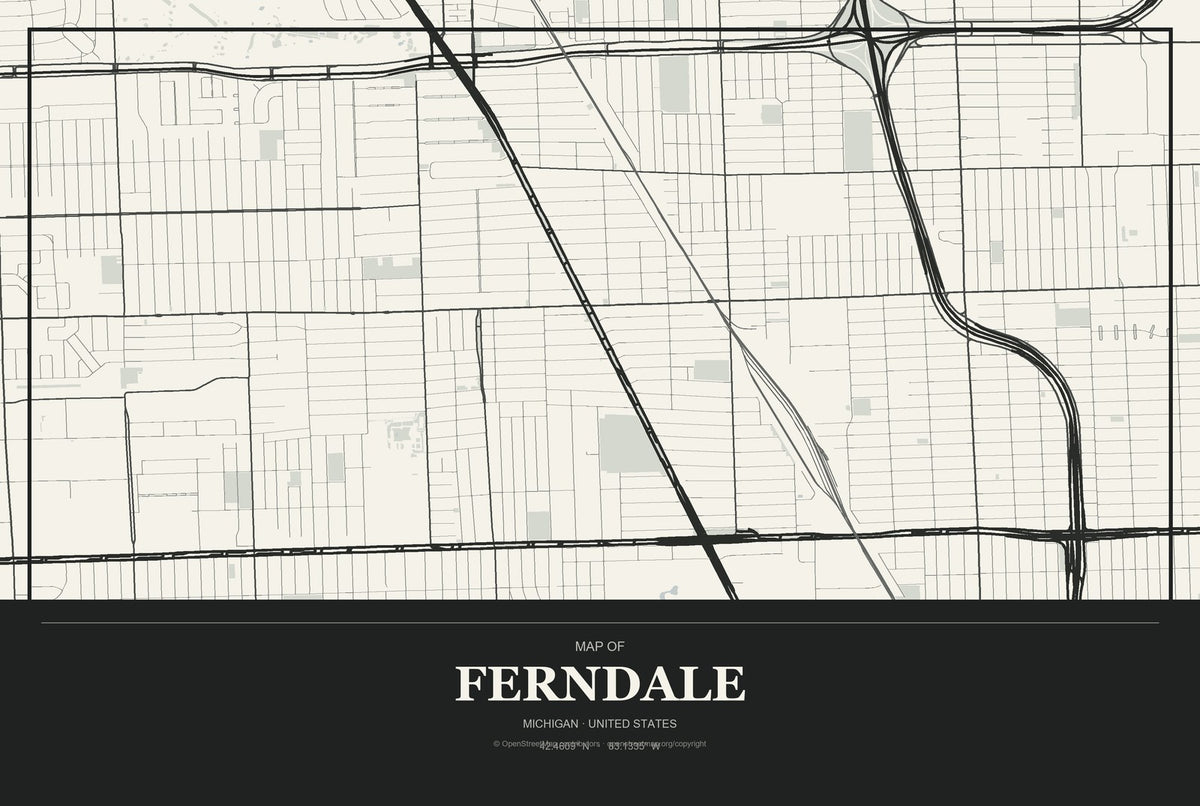 Ferndale, Michigan City Map Aluminum Sign in Museum Plaque style
