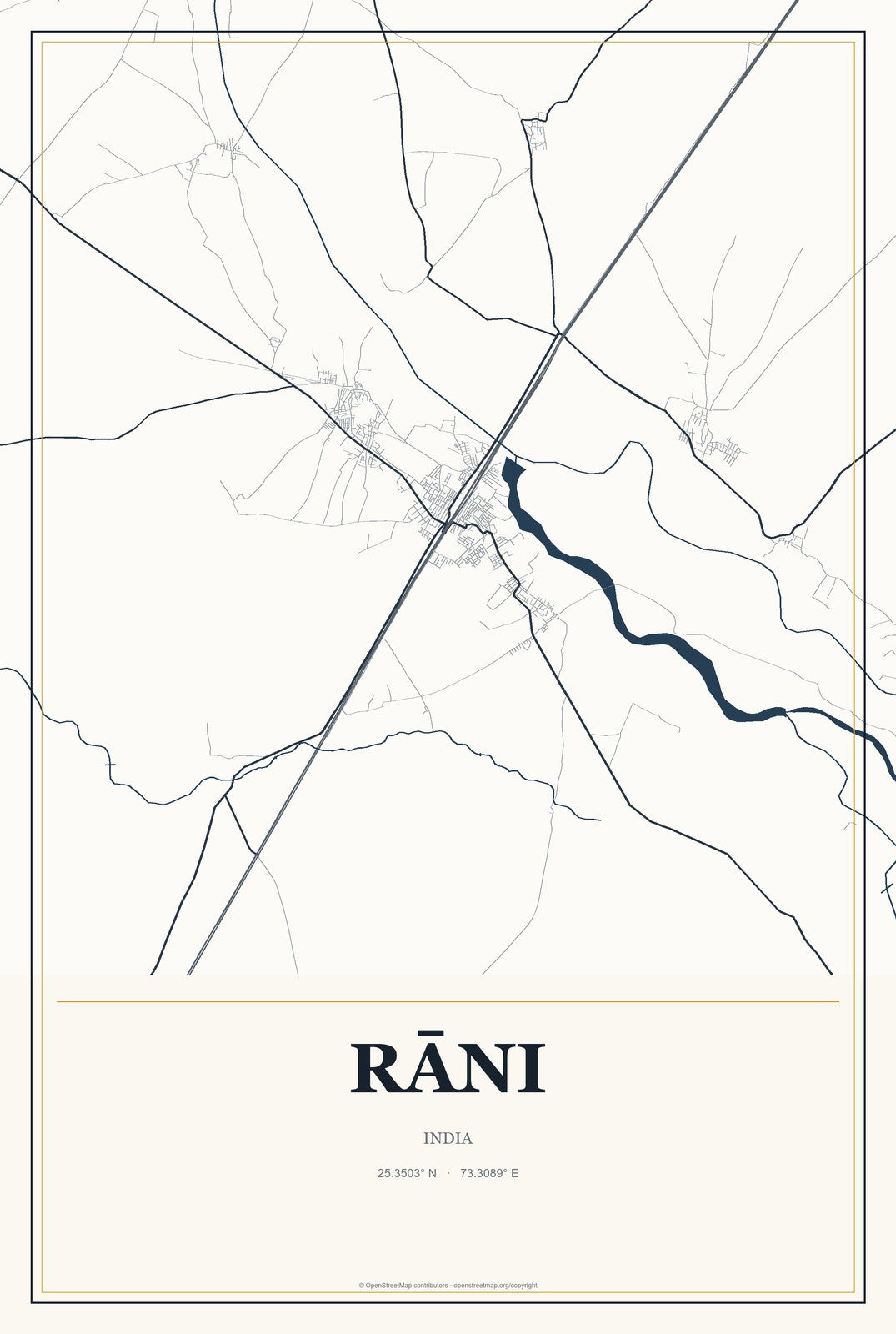 Rāni, India City Map Aluminum Sign in Citrine Modern style