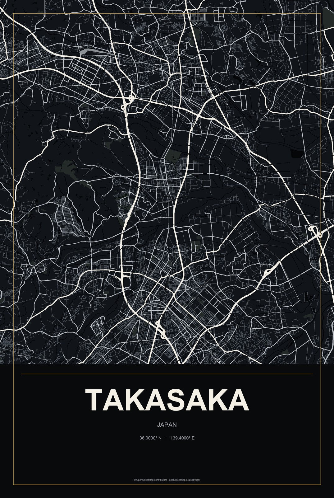 Takasaka, Japan City Map Aluminum Sign in Metropolitan Noir style