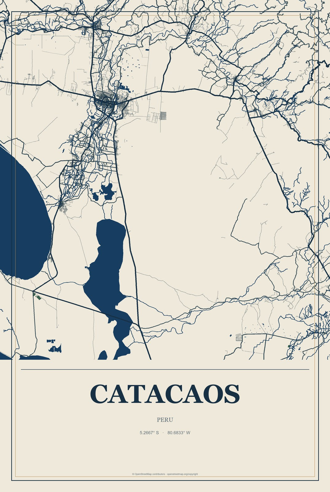 Catacaos, Peru City Map Aluminum Sign in Coastal Cutout style