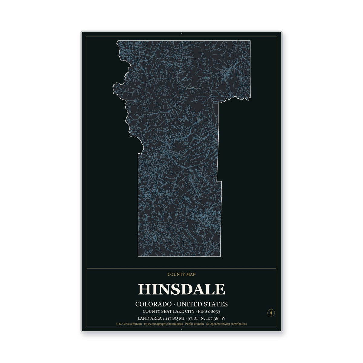 Hinsdale County, Colorado Map Aluminum Sign in Metropolitan Noir style