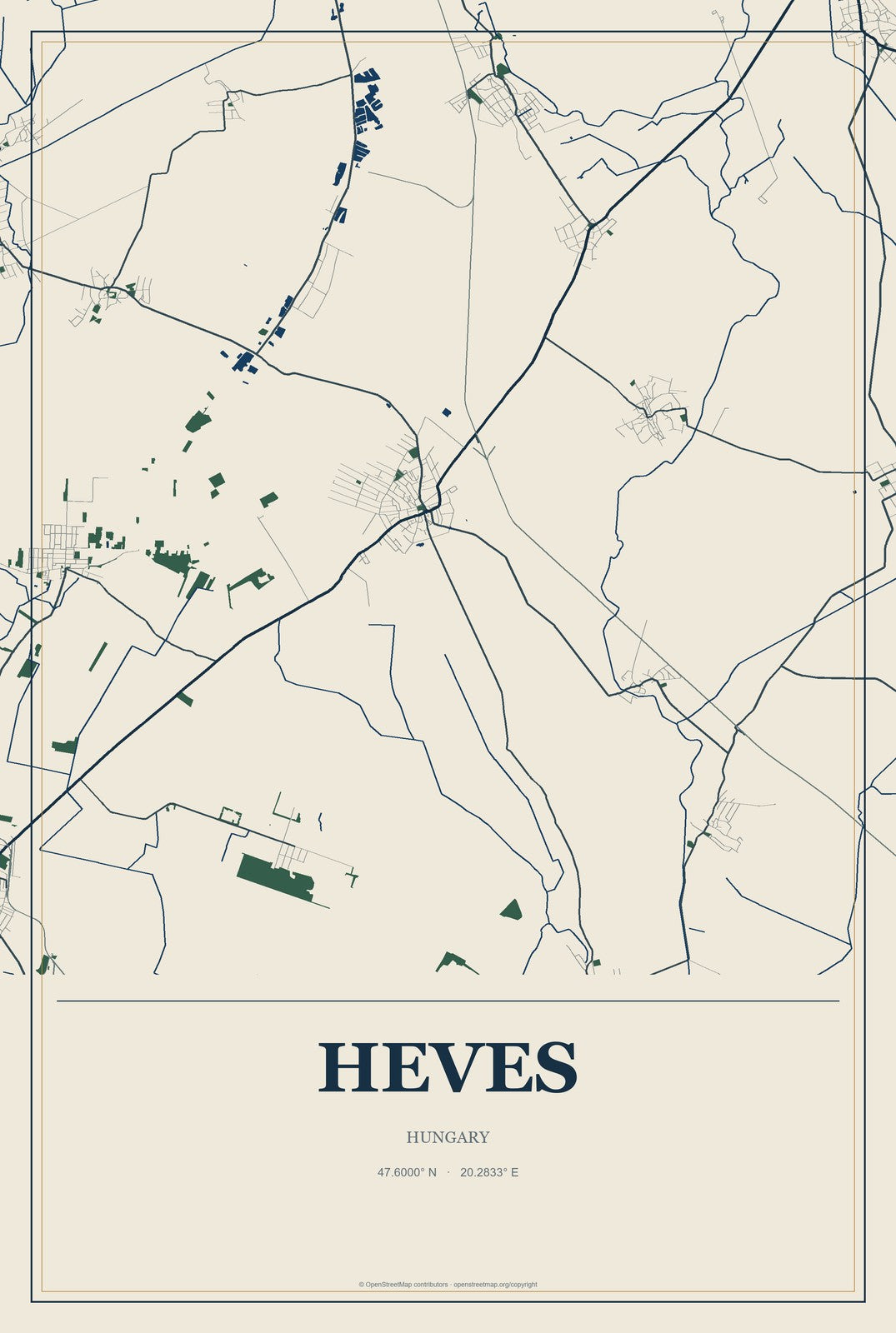 Heves, Hungary City Map Aluminum Sign in Coastal Cutout style