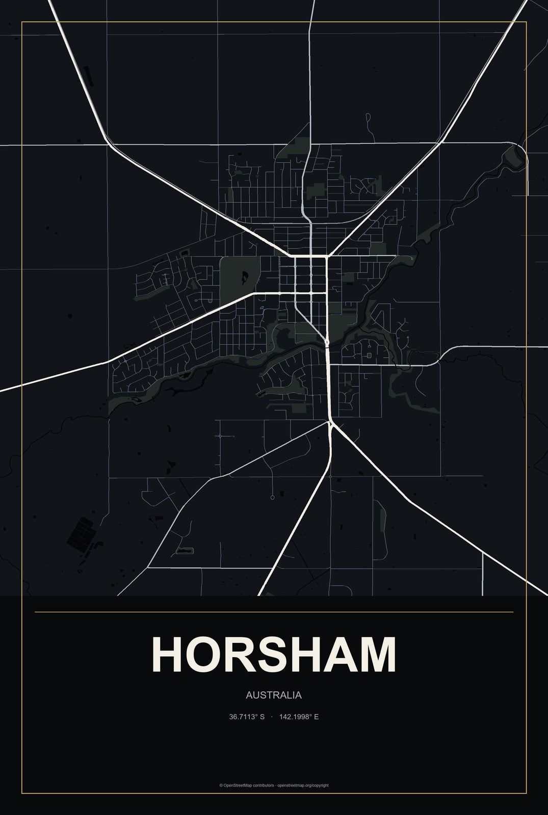 Horsham, Australia City Map Aluminum Sign in Metropolitan Noir style