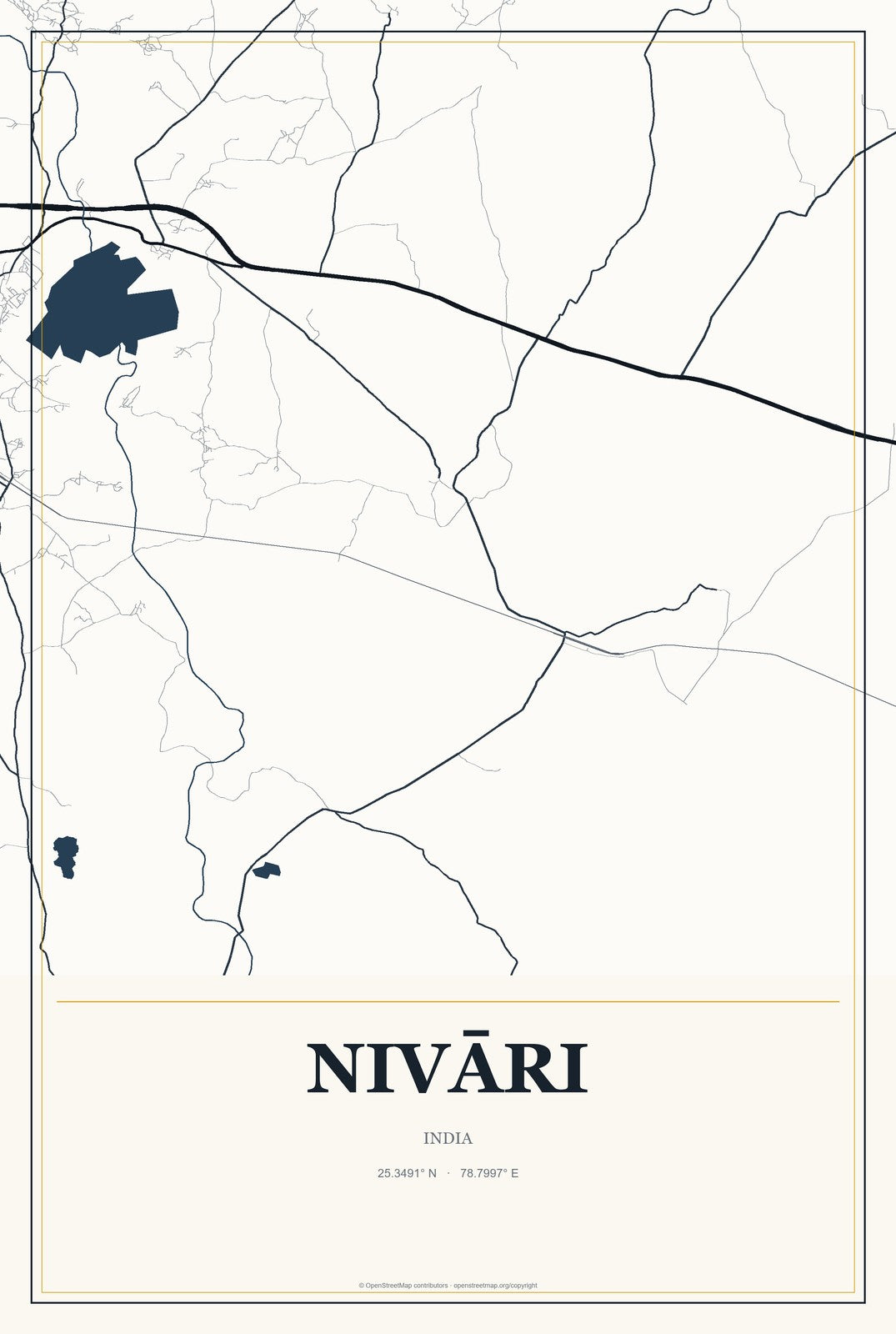 Nivāri, India City Map Aluminum Sign in Citrine Modern style