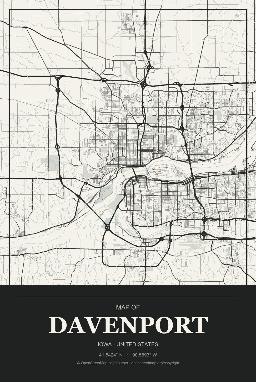 Davenport, Iowa City Map Aluminum Sign in Museum Plaque style