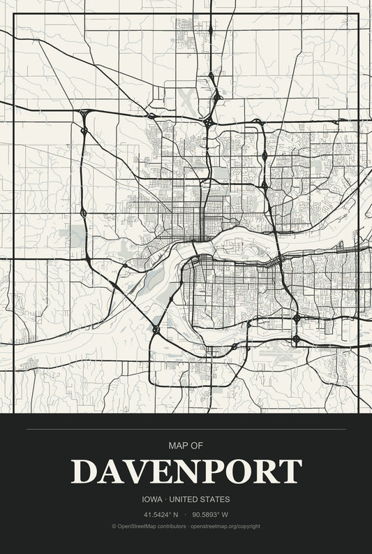 Davenport, Iowa City Map Aluminum Sign in Museum Plaque style