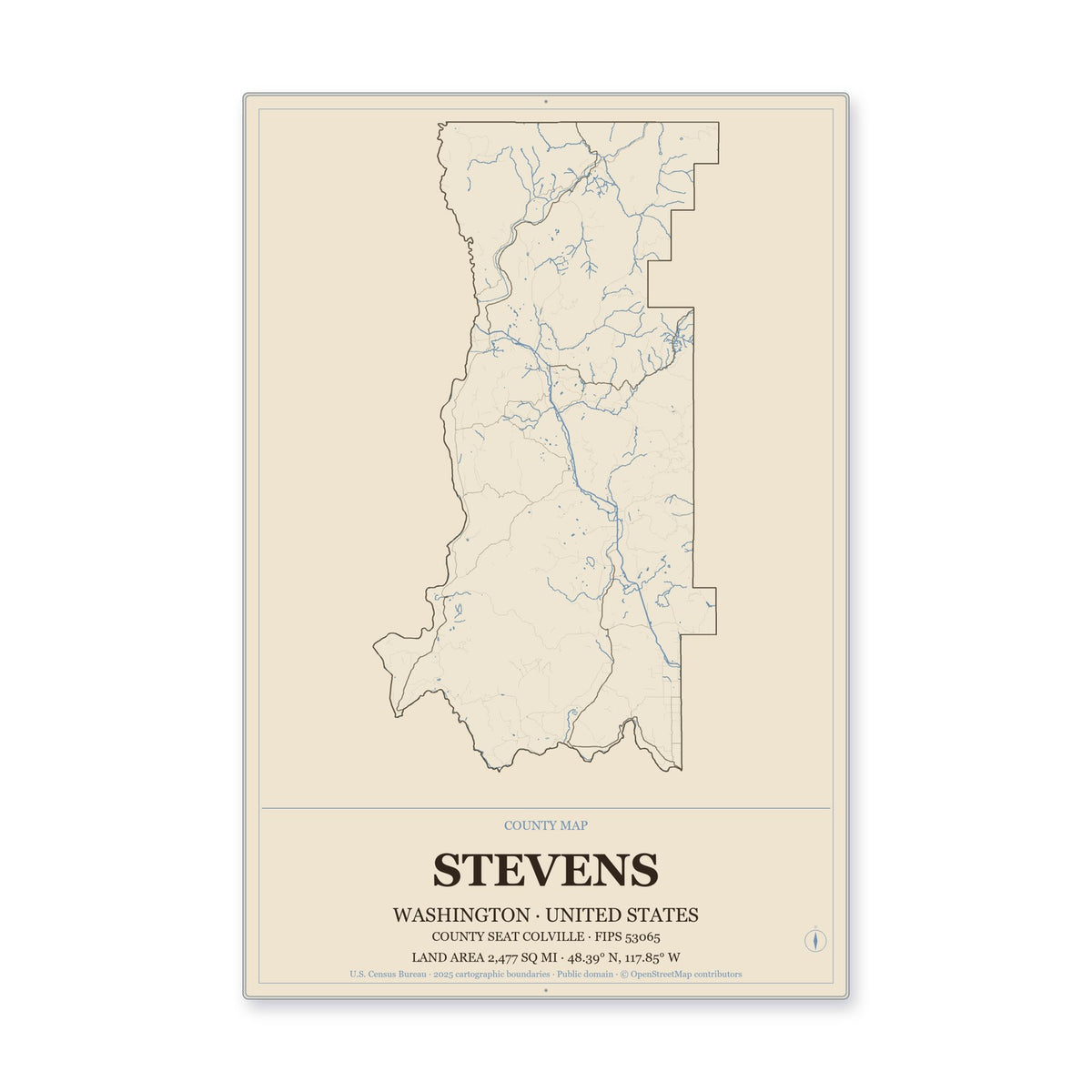Stevens County, Washington Map Aluminum Sign in Heritage Nautical style