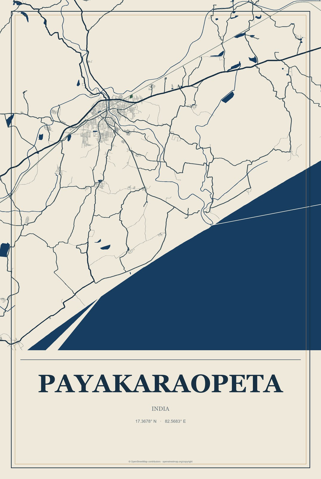 Payakaraopeta, India City Map Aluminum Sign in Coastal Cutout style