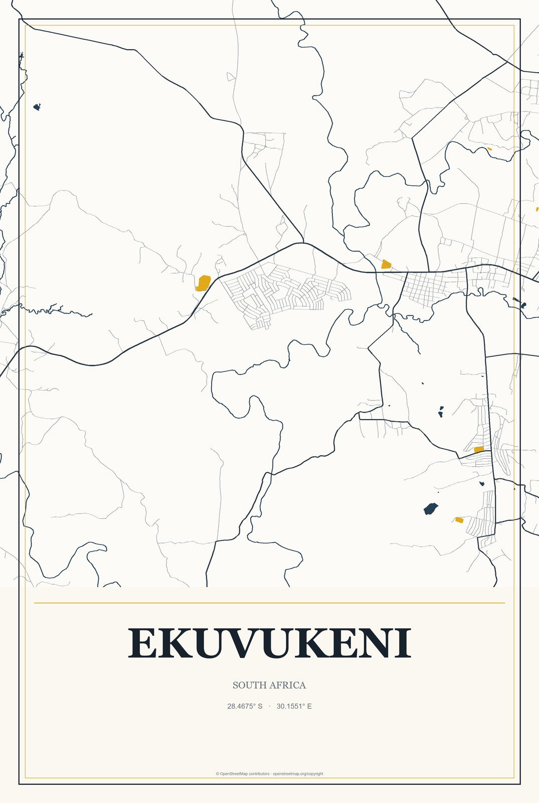 Ekuvukeni, South Africa City Map Aluminum Sign in Citrine Modern style