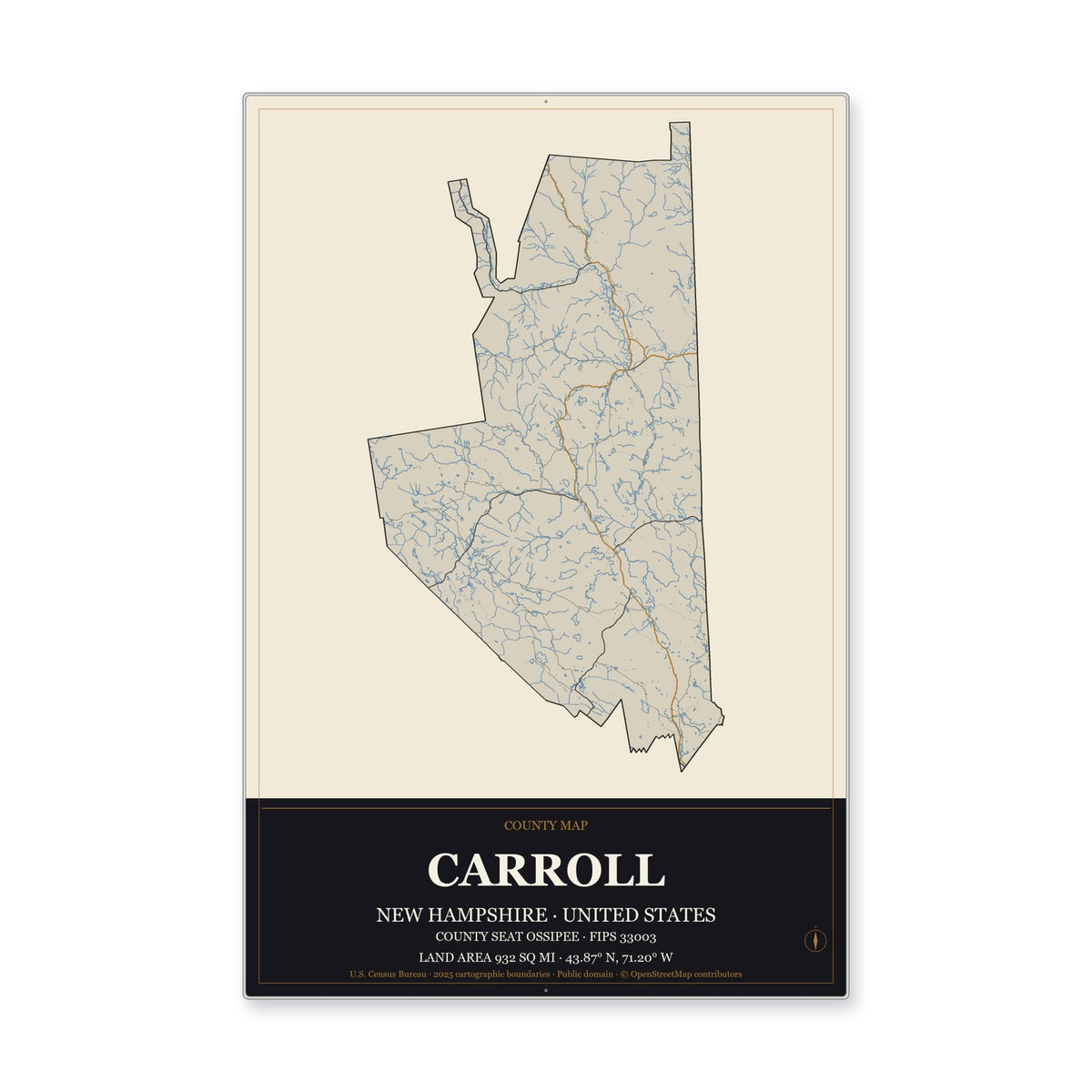 Carroll County, New Hampshire Map Aluminum Sign in Museum Plaque style