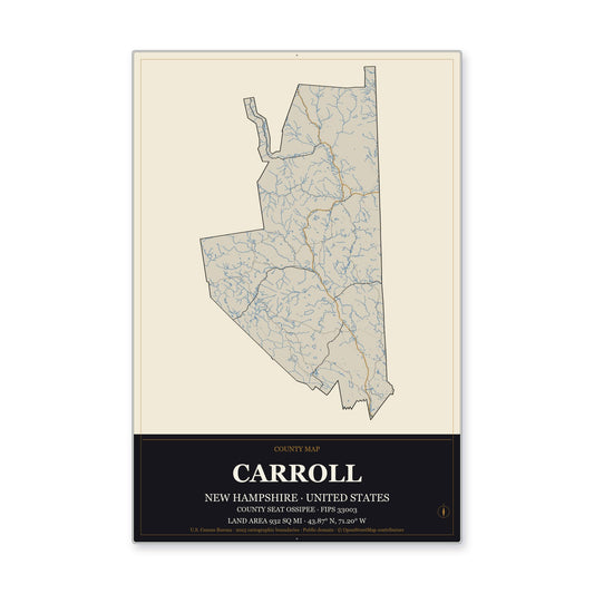 Carroll County, New Hampshire Map Aluminum Sign in Museum Plaque style
