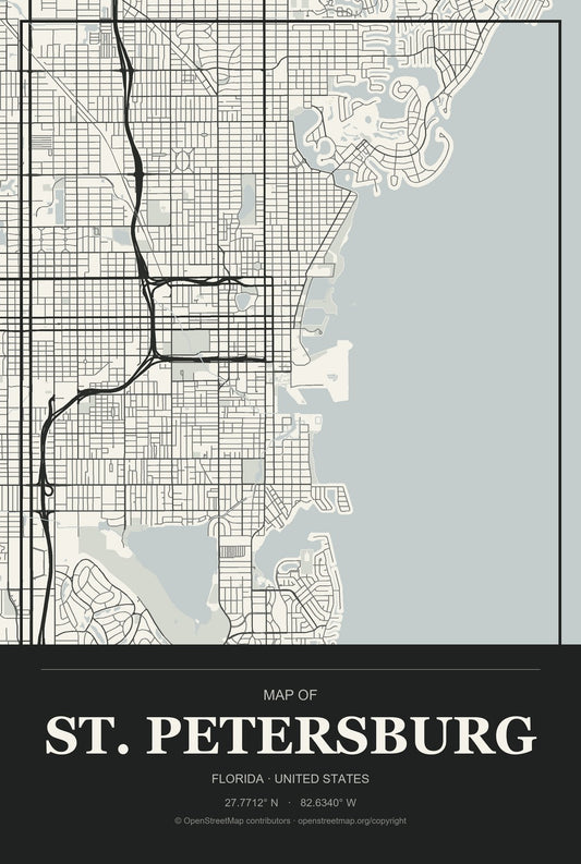 St. Petersburg, Florida City Map Aluminum Sign in Museum Plaque style