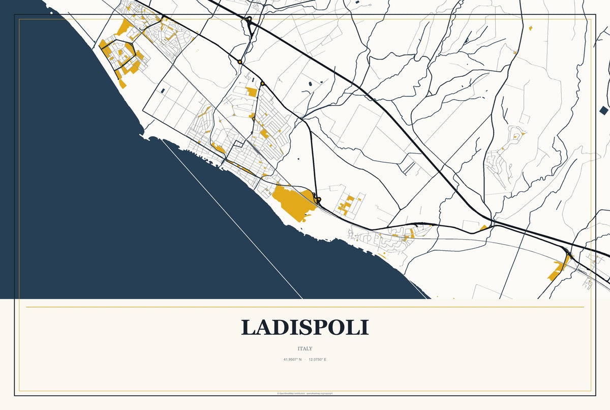 Ladispoli, Italy City Map Aluminum Sign in Citrine Modern style