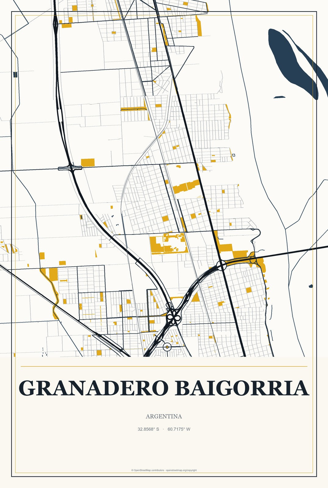 Granadero Baigorria, Argentina City Map Aluminum Sign in Citrine Modern style