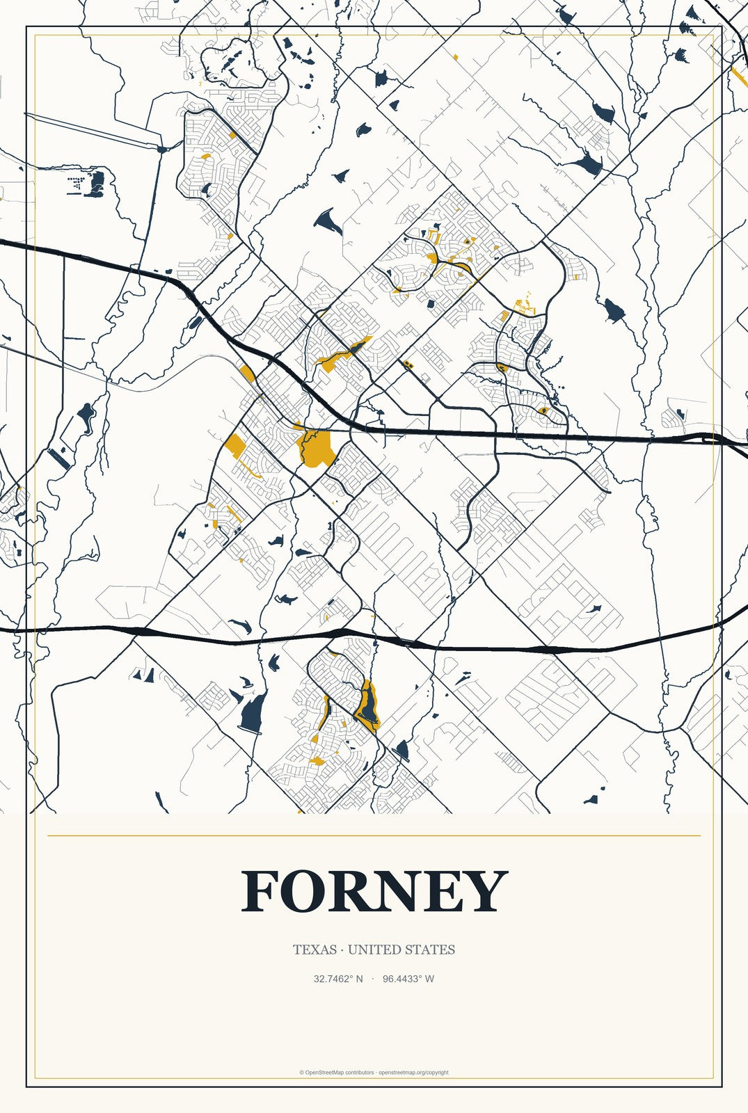 Forney, Texas City Map Aluminum Sign in Citrine Modern style