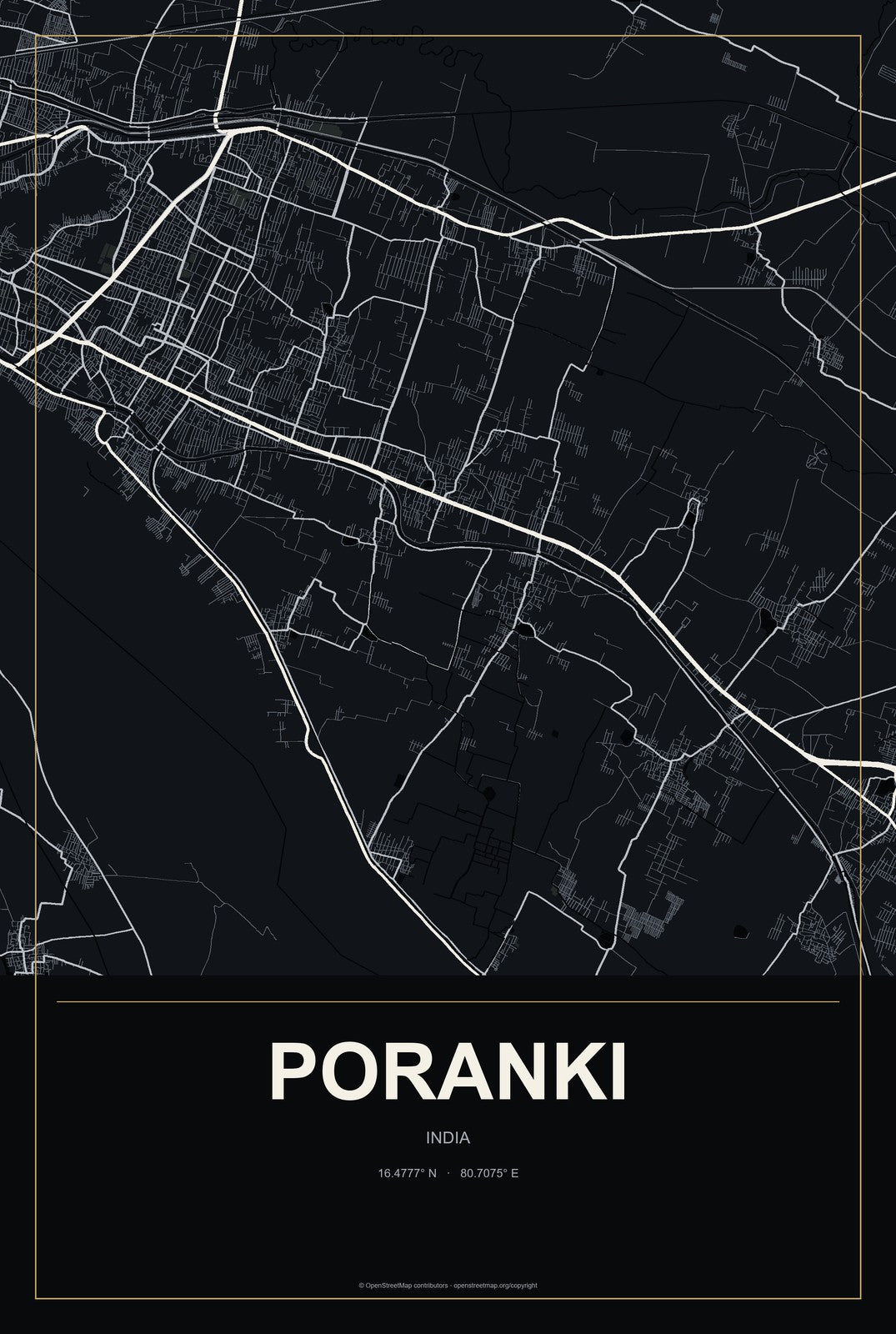 Poranki, India City Map Aluminum Sign in Metropolitan Noir style