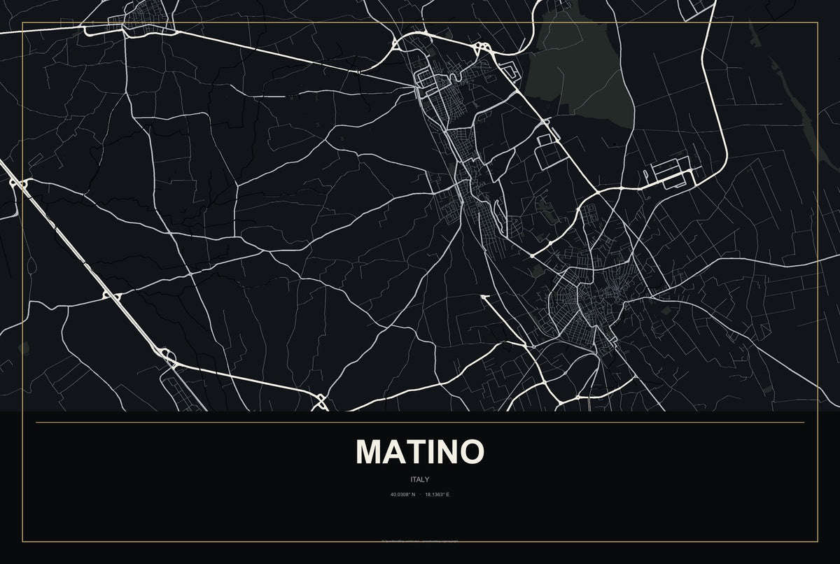 Matino, Italy City Map Aluminum Sign in Metropolitan Noir style