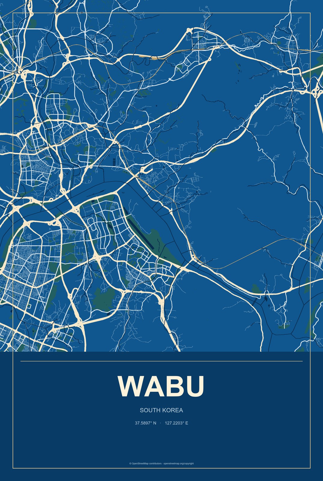 Wabu, South Korea City Map Aluminum Sign in Harbor Cobalt style