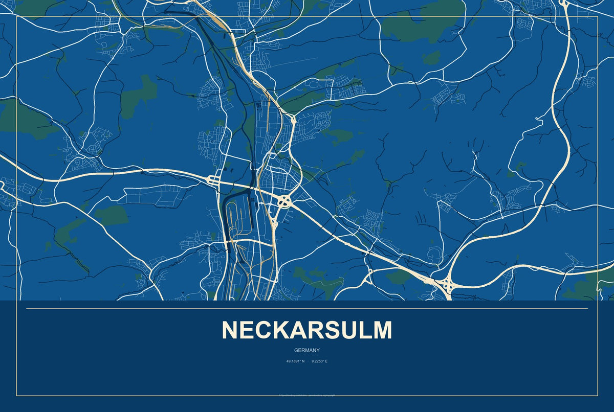 Neckarsulm, Germany City Map Aluminum Sign in Harbor Cobalt style