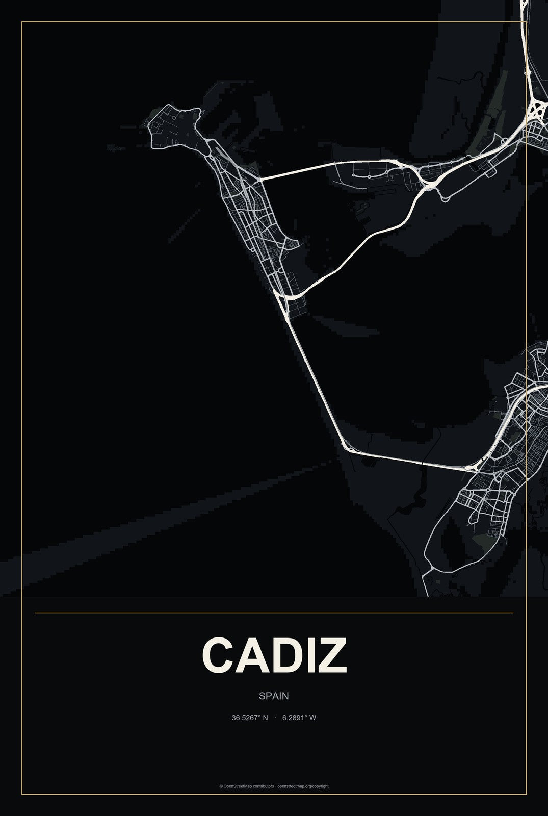 Cadiz, Spain City Map Aluminum Sign in Metropolitan Noir style