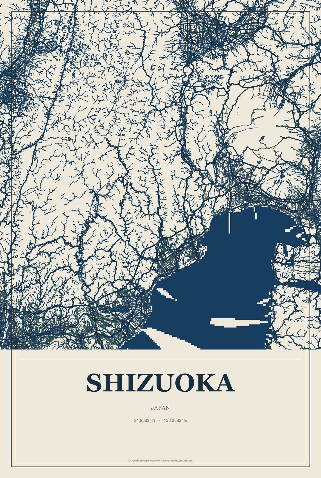Shizuoka, Japan City Map Aluminum Sign in Coastal Cutout style