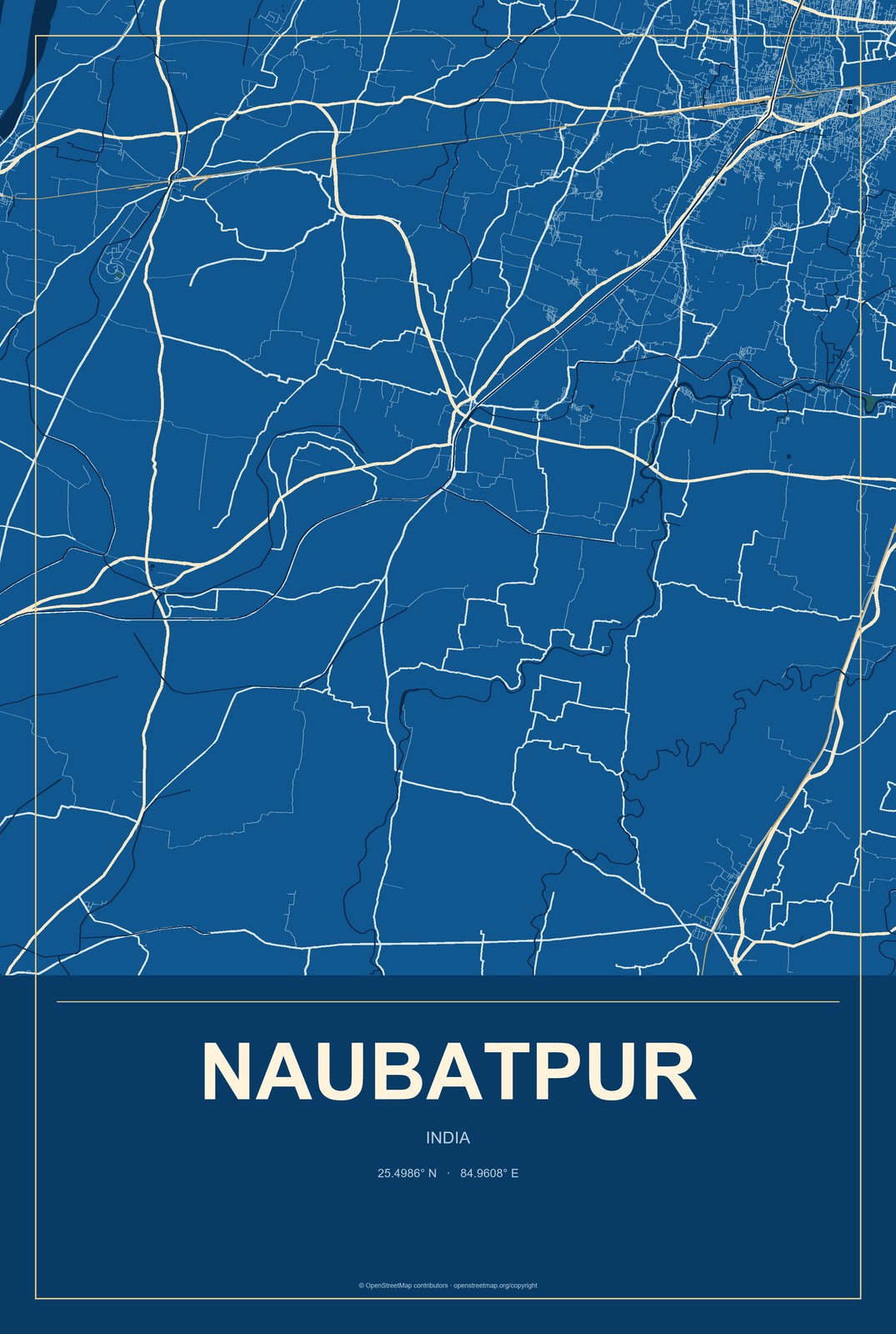 Naubatpur, India City Map Aluminum Sign in Harbor Cobalt style