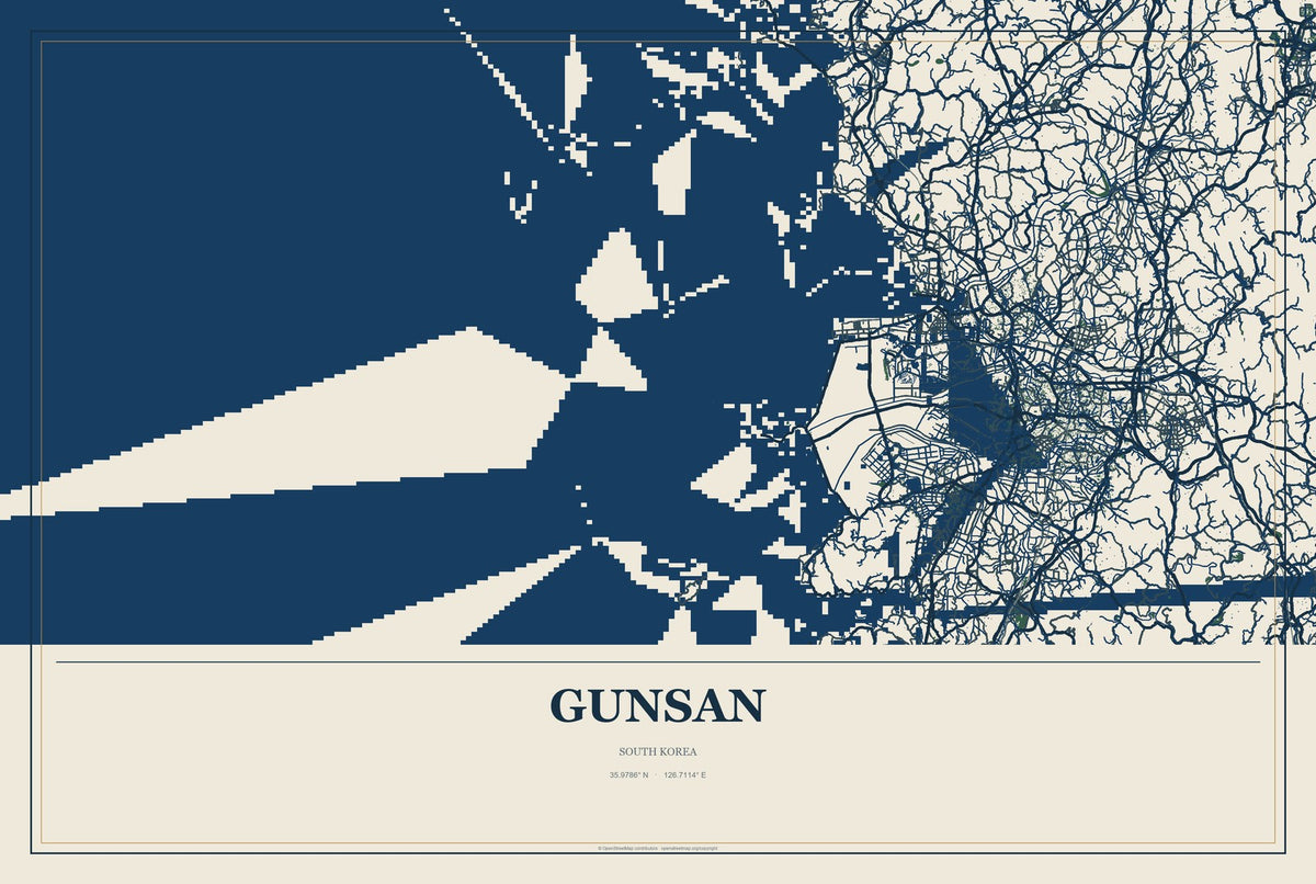 Gunsan, South Korea City Map Aluminum Sign in Coastal Cutout style