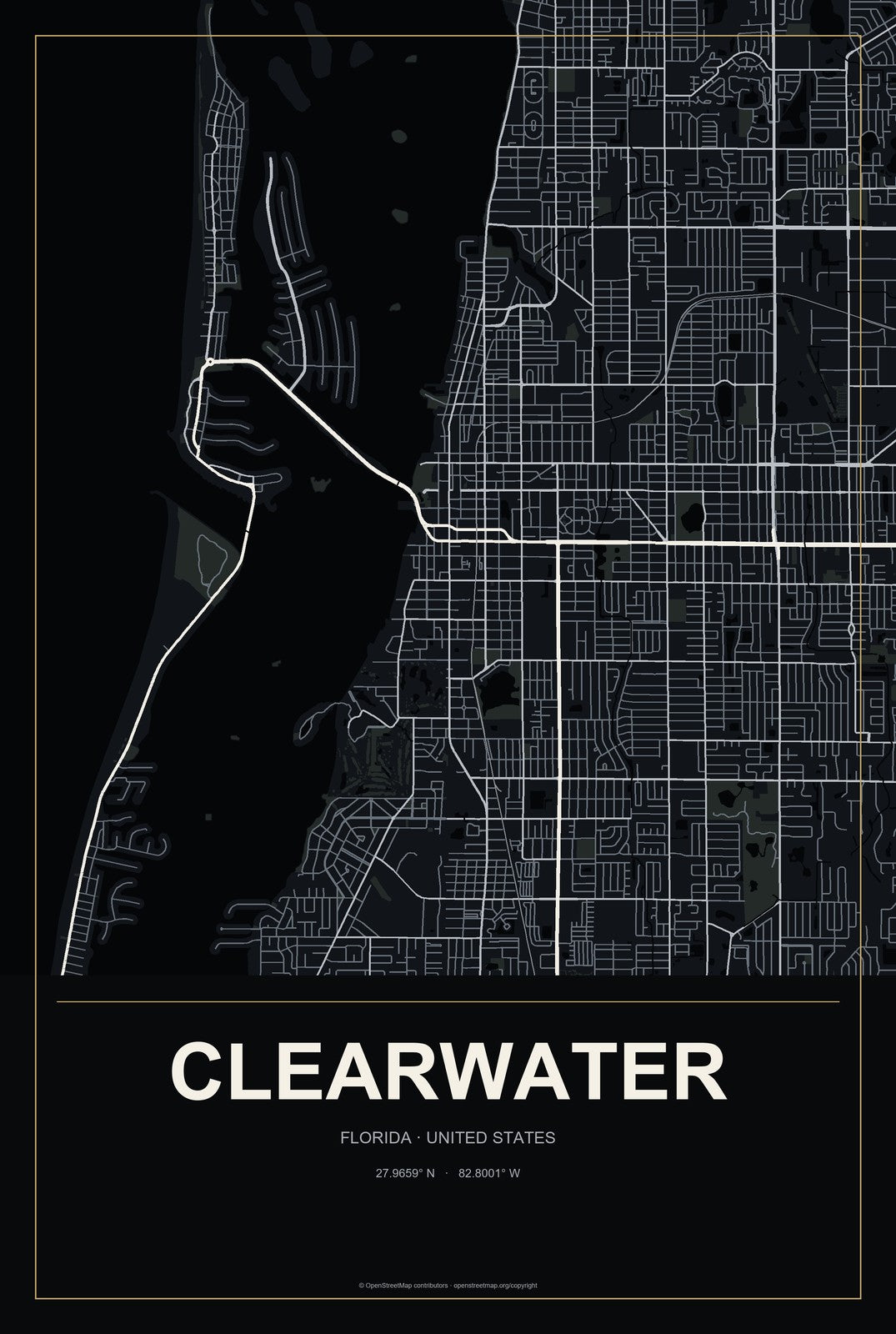 Clearwater, Florida City Map Aluminum Sign in Metropolitan Noir style