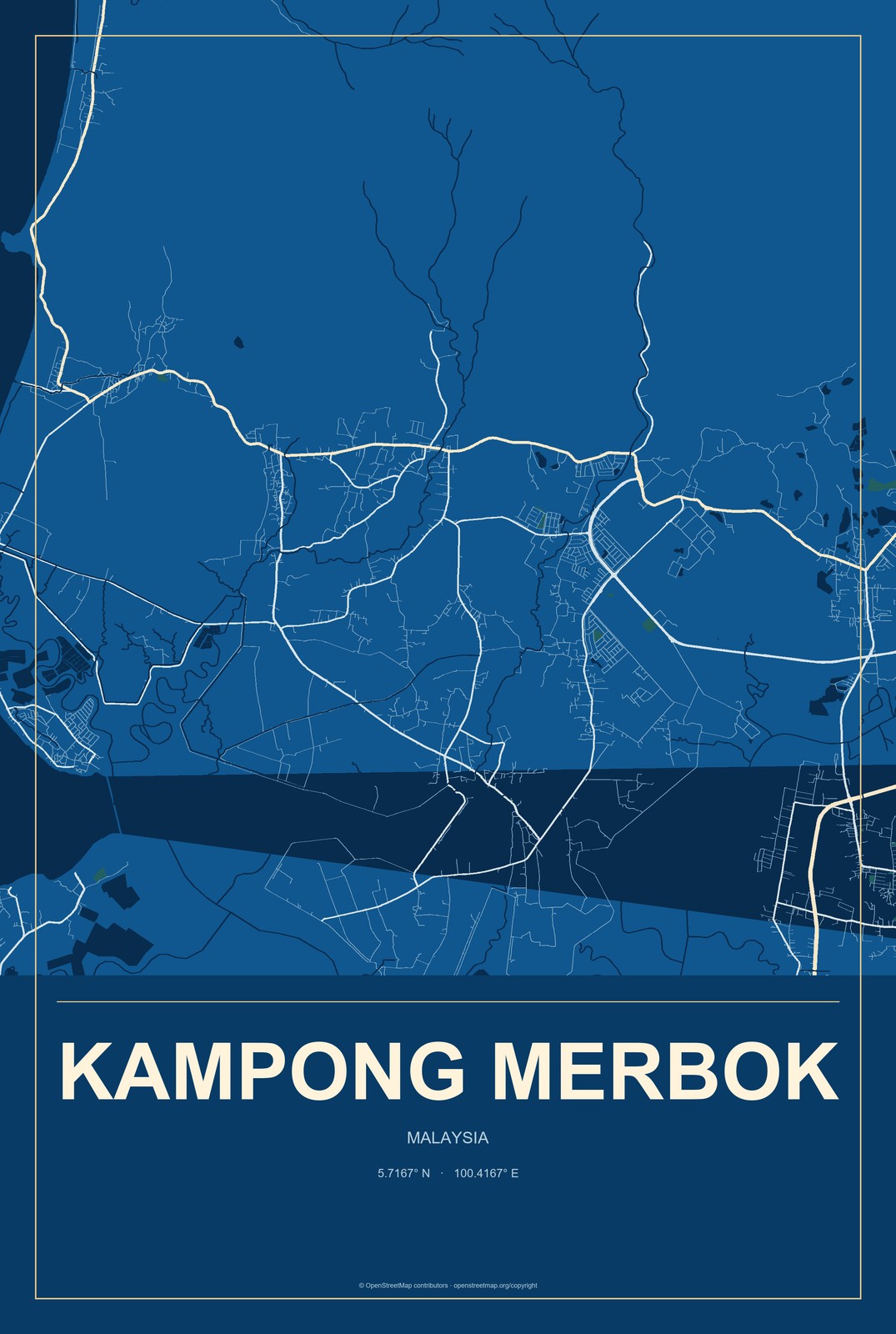 Kampong Merbok, Malaysia City Map Aluminum Sign in Harbor Cobalt style