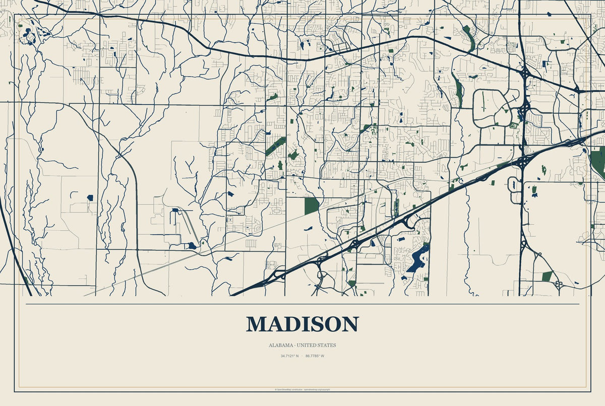 Madison, Alabama City Map Aluminum Sign in Coastal Cutout style