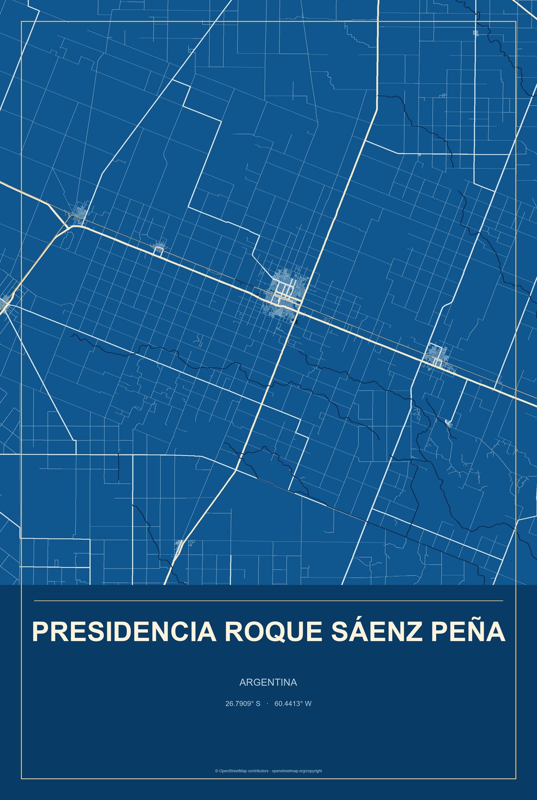 Presidencia Roque Sáenz Peña, Argentina City Map Aluminum Sign in Harbor Cobalt style