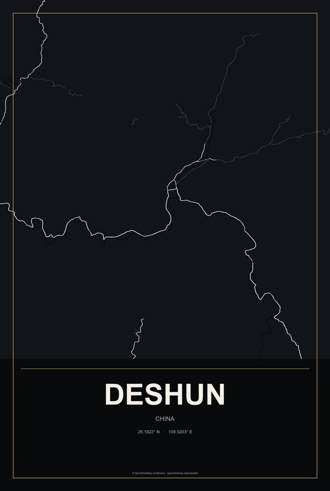 Deshun, China City Map Aluminum Sign in Metropolitan Noir style