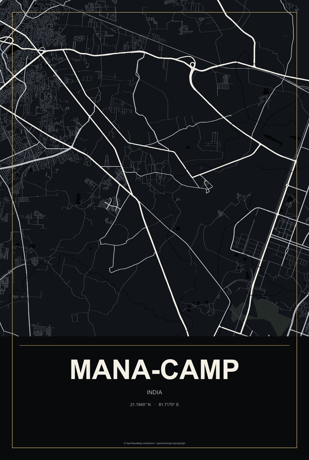 Mana-Camp, India City Map Aluminum Sign in Metropolitan Noir style