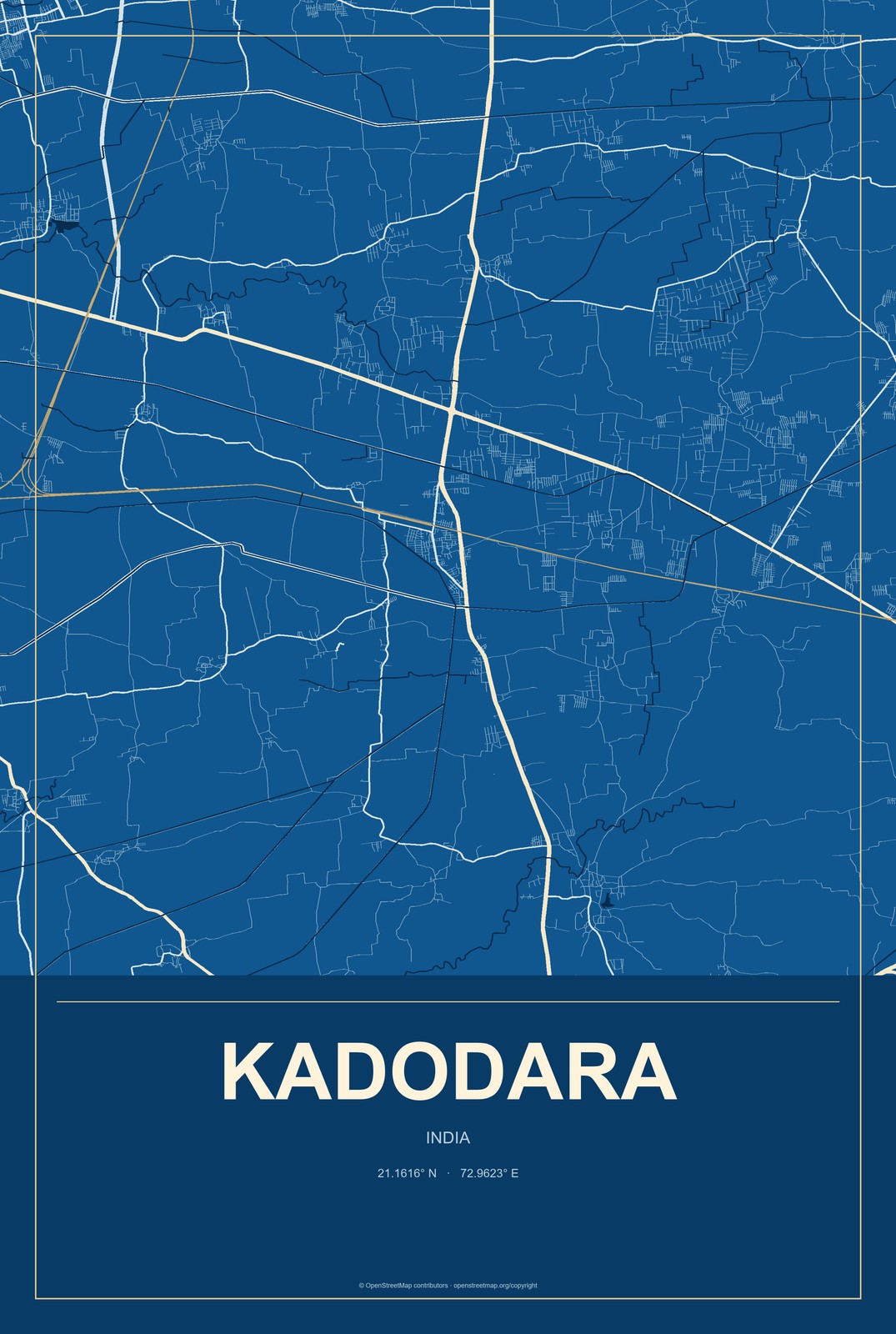 Kadodara, India City Map Aluminum Sign in Harbor Cobalt style