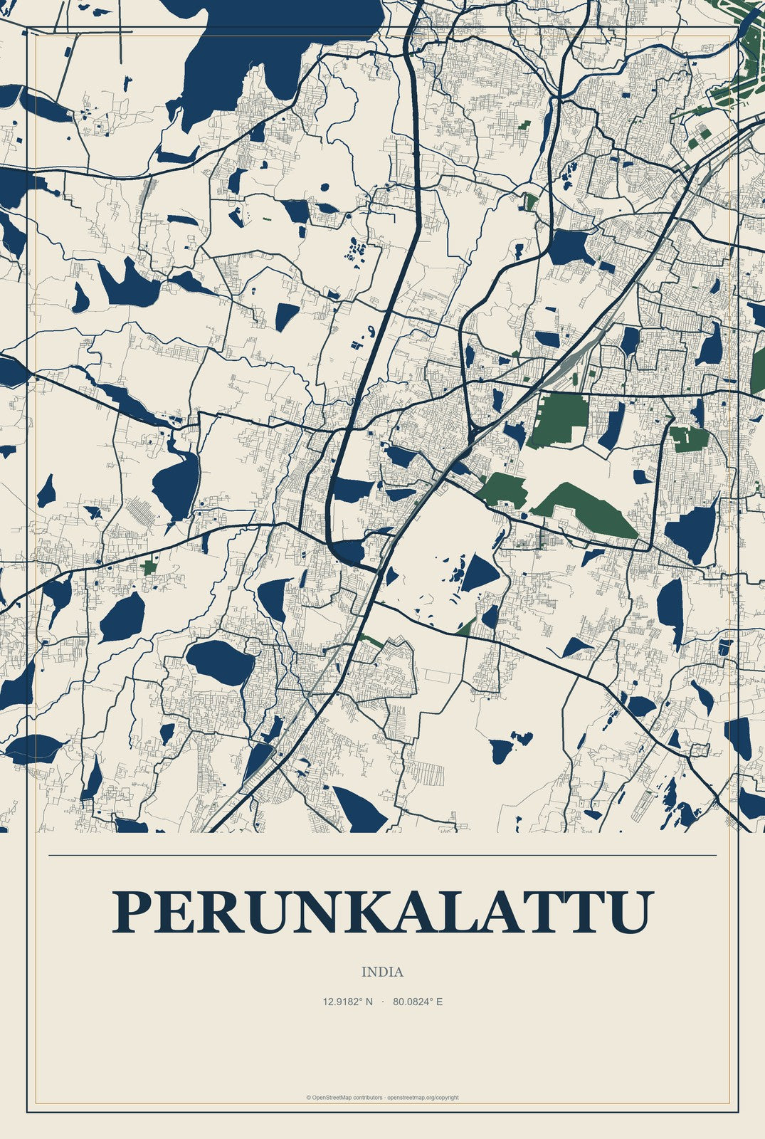 Perunkalattu, India City Map Aluminum Sign in Coastal Cutout style