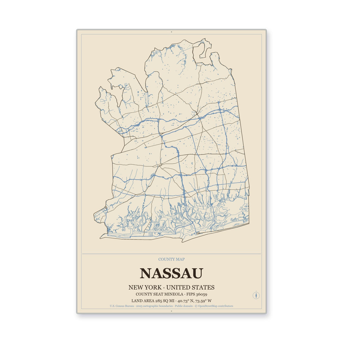 Nassau County, New York Map Aluminum Sign in Heritage Nautical style