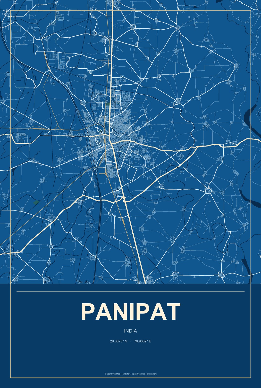 Panipat, India City Map Aluminum Sign in Harbor Cobalt style