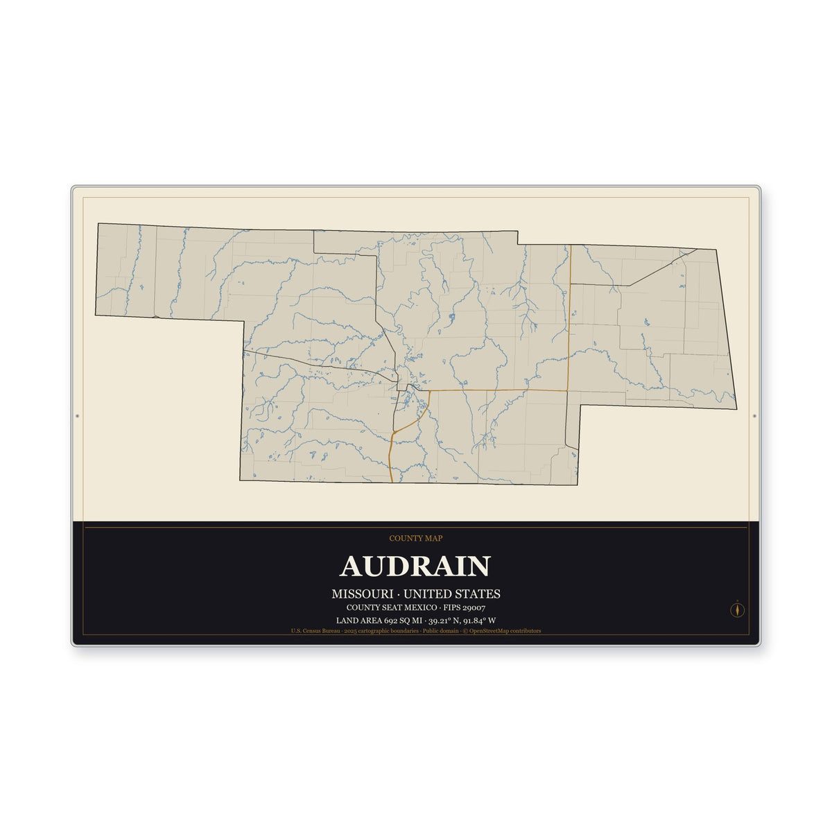 Audrain County, Missouri Map Aluminum Sign in Museum Plaque style