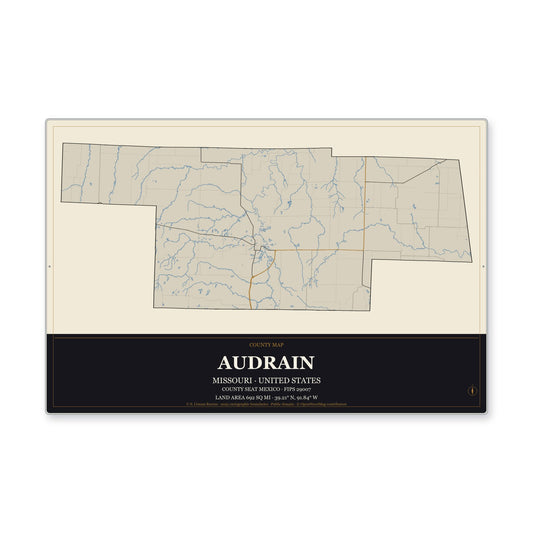 Audrain County, Missouri Map Aluminum Sign in Museum Plaque style