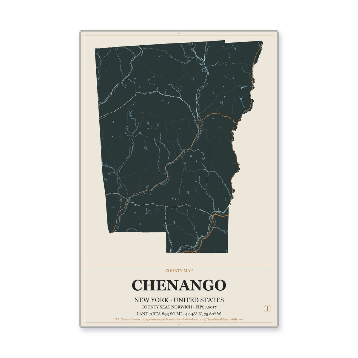 Chenango County, New York Map Aluminum Sign in Headline Atlas style