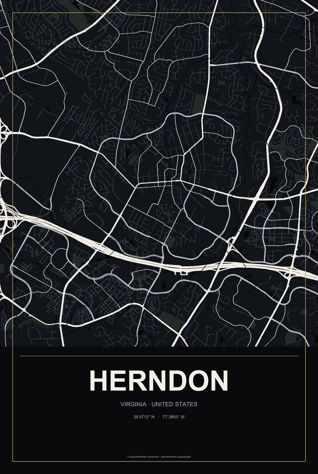 Herndon, Virginia City Map Aluminum Sign in Metropolitan Noir style