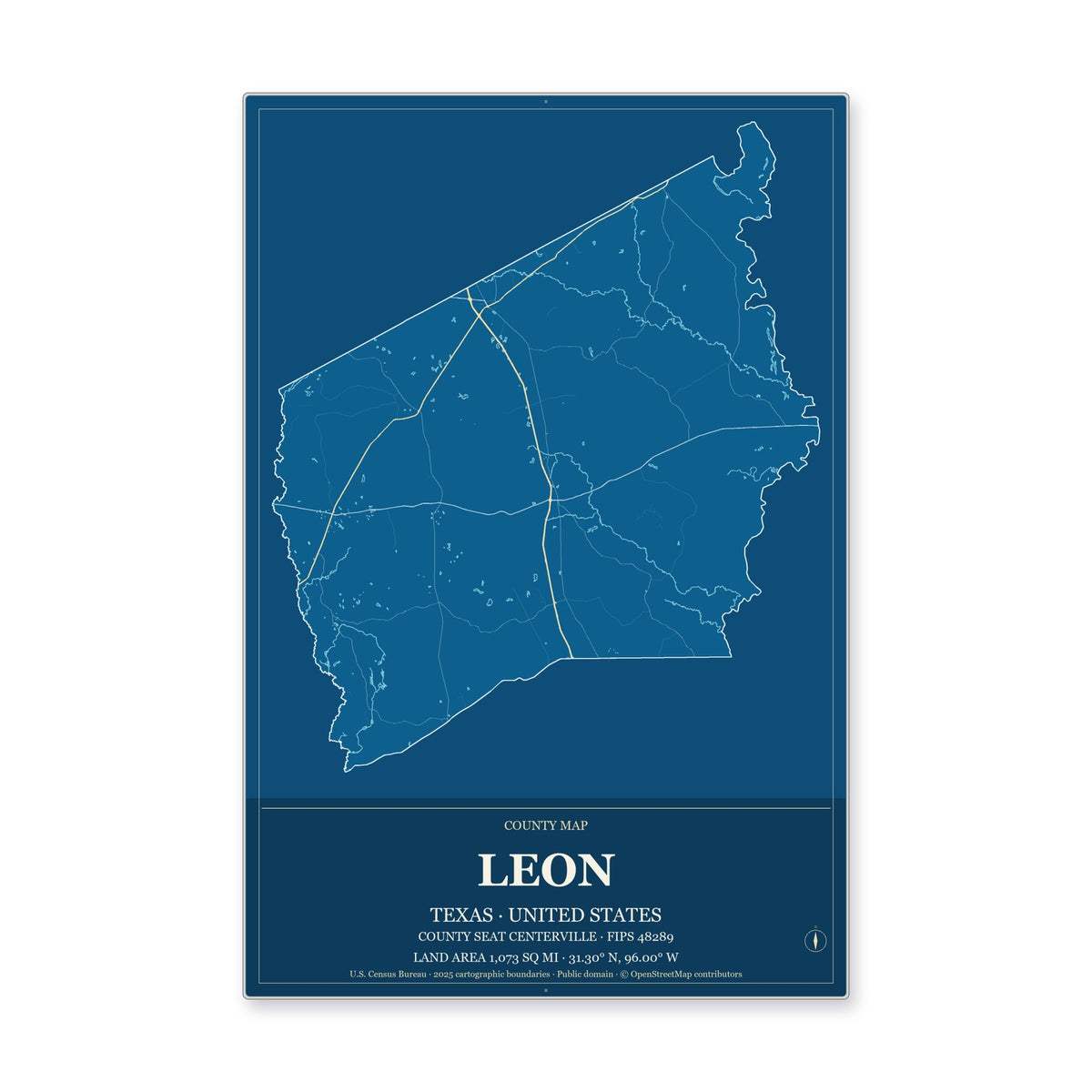 Leon County, Texas Map Aluminum Sign in Harbor Cobalt style