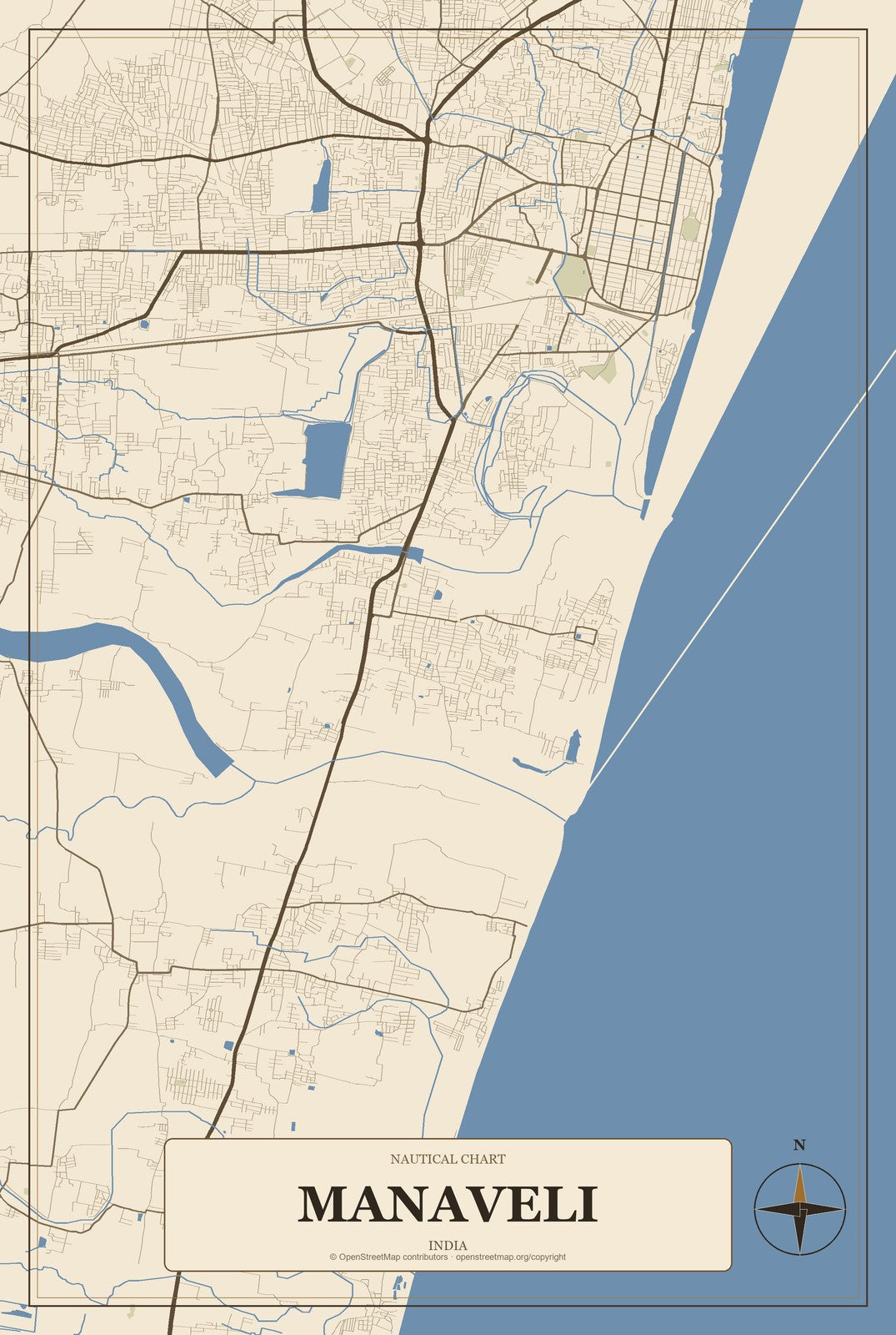 Manaveli, India City Map Aluminum Sign in Heritage Nautical style