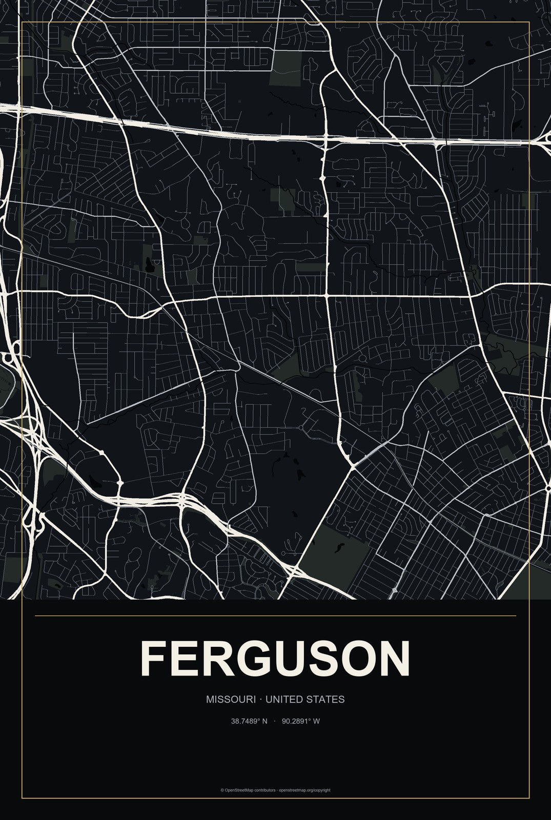 Ferguson, Missouri City Map Aluminum Sign in Metropolitan Noir style