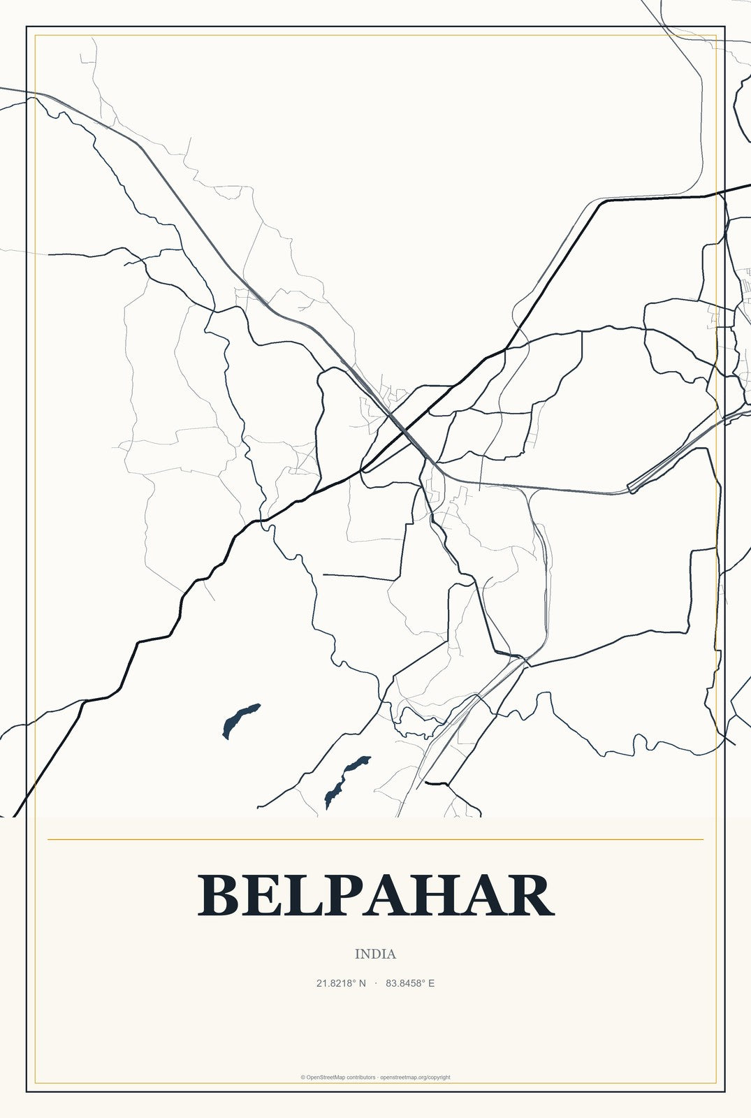 Belpahar, India City Map Aluminum Sign in Citrine Modern style