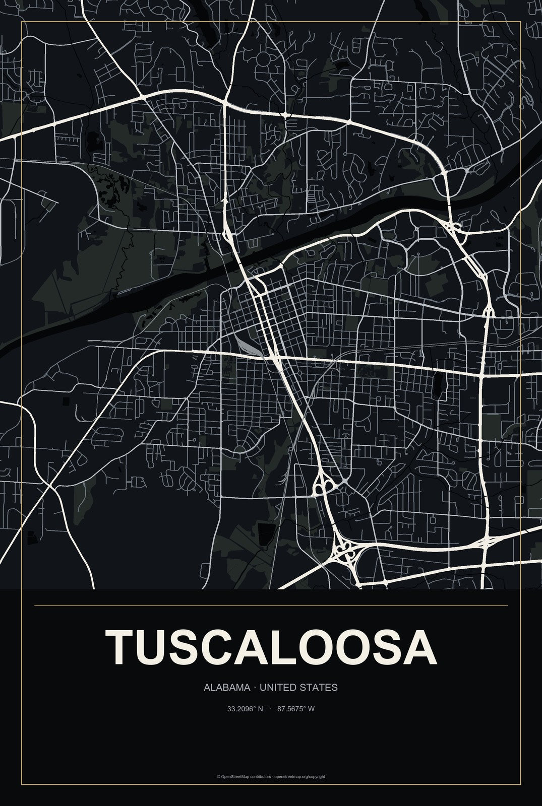 Tuscaloosa, Alabama City Map Aluminum Sign in Metropolitan Noir style