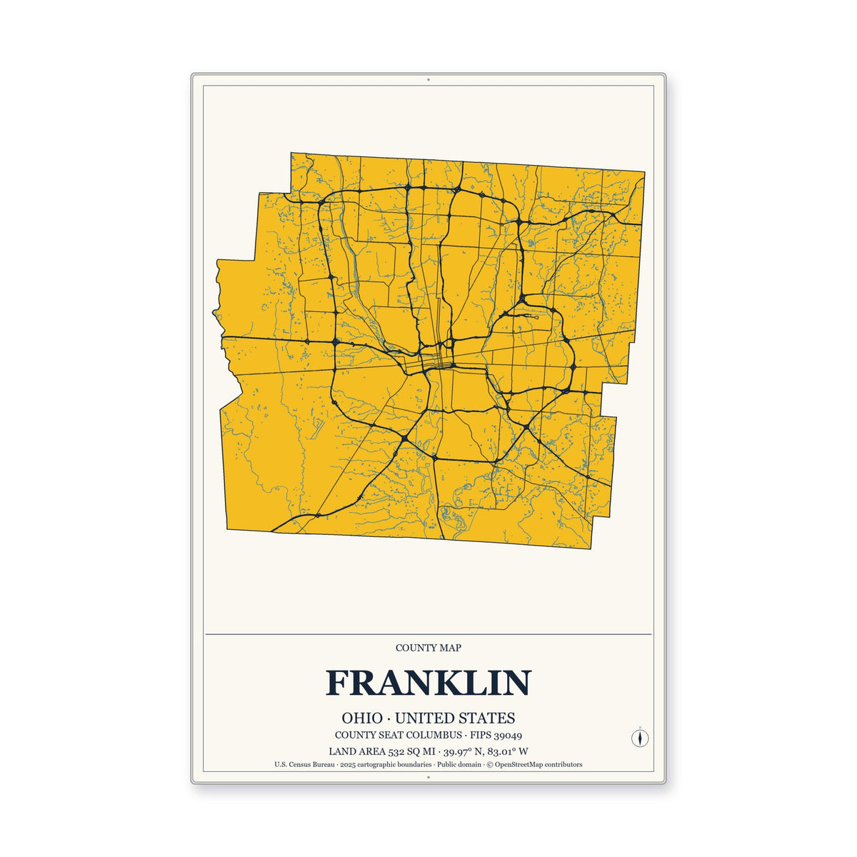 Franklin County, Ohio Map Aluminum Sign in Citrine Modern style